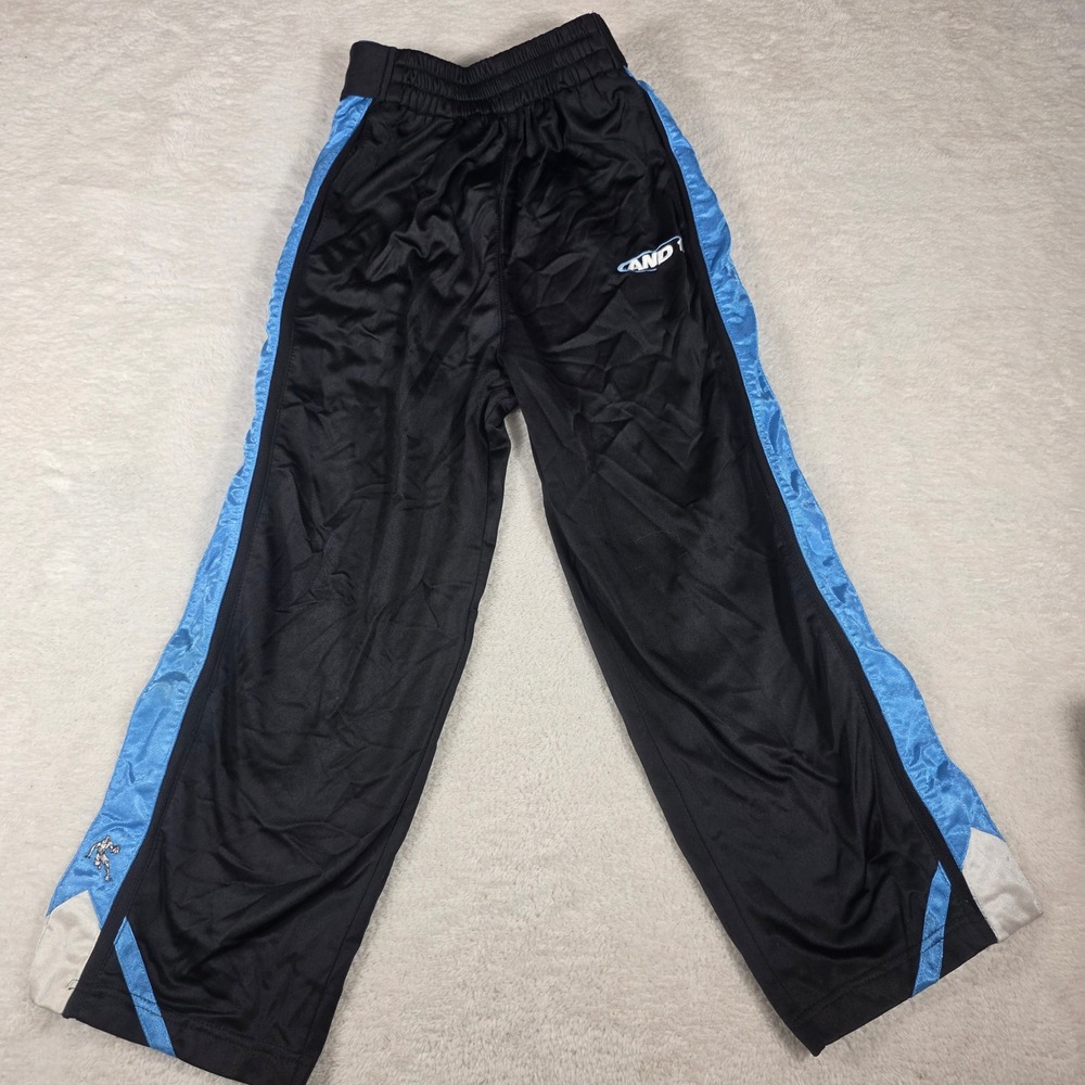 AND1 Basketball Pants Kids M 10/12 Black Blue Snap Tear Away Athletic Vintage